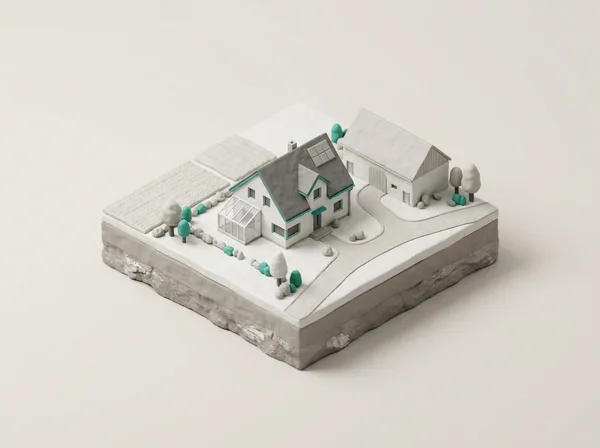 3D-Modell eines Einfamilienhauses mit Wintergarten und Solardach neben einem Hof
