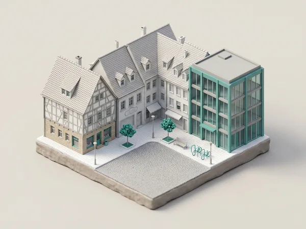 3D-Modell fränkischer Altstadthäuser neben einem Bürogebäude mit Glasfront
