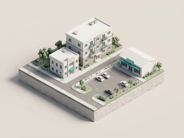 3D-Modell mit Mehrfamilienhaus, Arztpraxis und Gewerbehalle