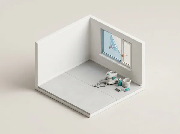 3D-Modell eines Neubau-Raums mit Bauschutt und Reinigungsgeräten