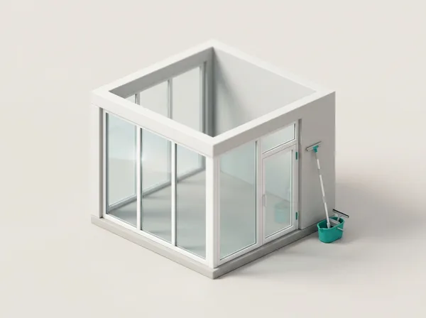 3D-Modell einer Glasfront mit Reinigungsstange