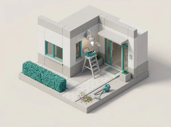 3D-Modell eines Hauses mit Werkzeugkiste und Rasenmäher