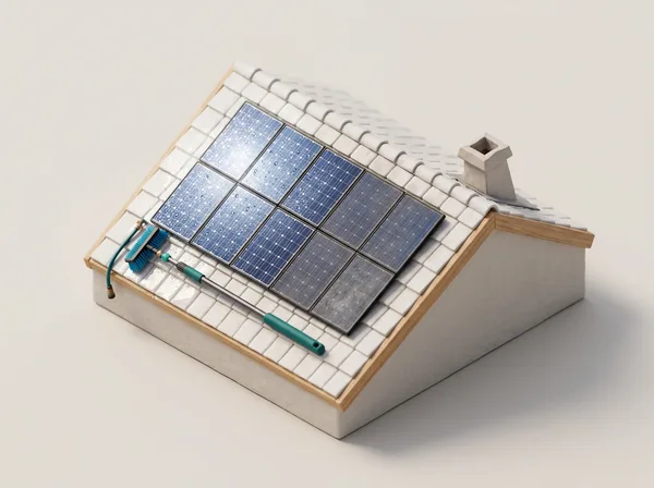 3D-Modell eines Hausdachs mit Solarmodulen und Reinigungsbürste