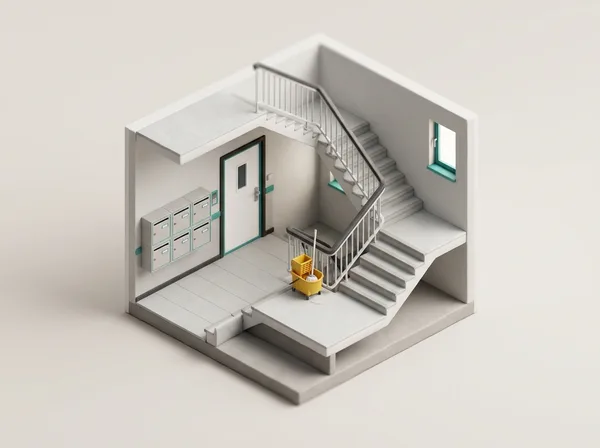 3D-Modell eines Treppenhauses mit Wischmopp