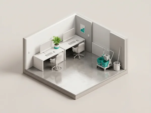 3D-Modell eines Büros mit Reinigungswagen
