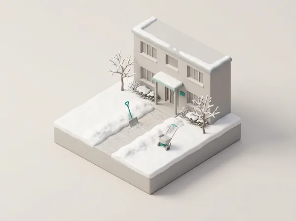 3D-Modell eines verschneiten Gehwegs mit Streuwagen